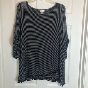 Isela Blue and White 3/4 Sleeve Striped Top with Pom Pom Detail. Size 1X